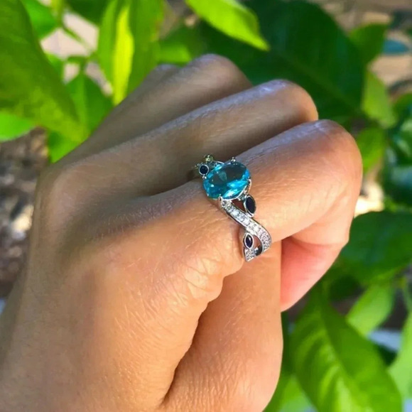 925 Sterling Silver Aquamarine Oval Diamond Ring - Picture 6 of 8